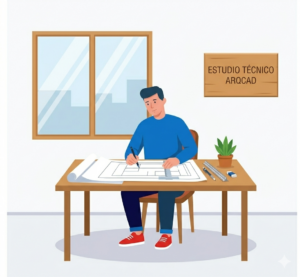 La imagen corresponde a una ilustración que tiene un arquitecto haciendo planos para una licencia de reconocimiento 
