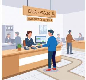 La imagen es una ilustración de una persona pagando los impuestos en la curaduria urbana