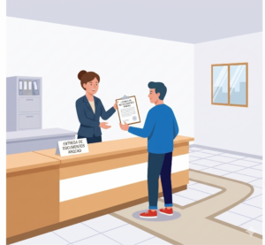 La imagen muestre una ilustracion de dos personas en una oficina donde se entrega una licencia de reconocimiento de construcción